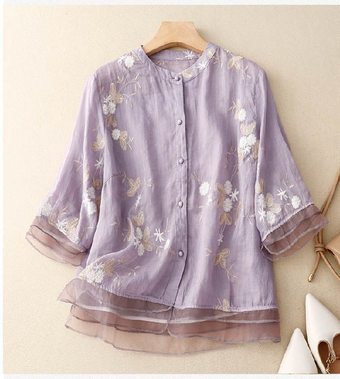Kourtney Women's Floral Embroidered Blouse 3/4 Sleeve in Purple
