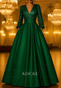 A-Line Floor Length Evening Gown Long Sleeve V Neck Pocket Satin Sequined Mother of the Bride Dress