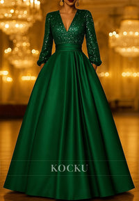 A-Line Floor Length Evening Gown Long Sleeve V Neck Pocket Satin Sequined Mother of the Bride Dress