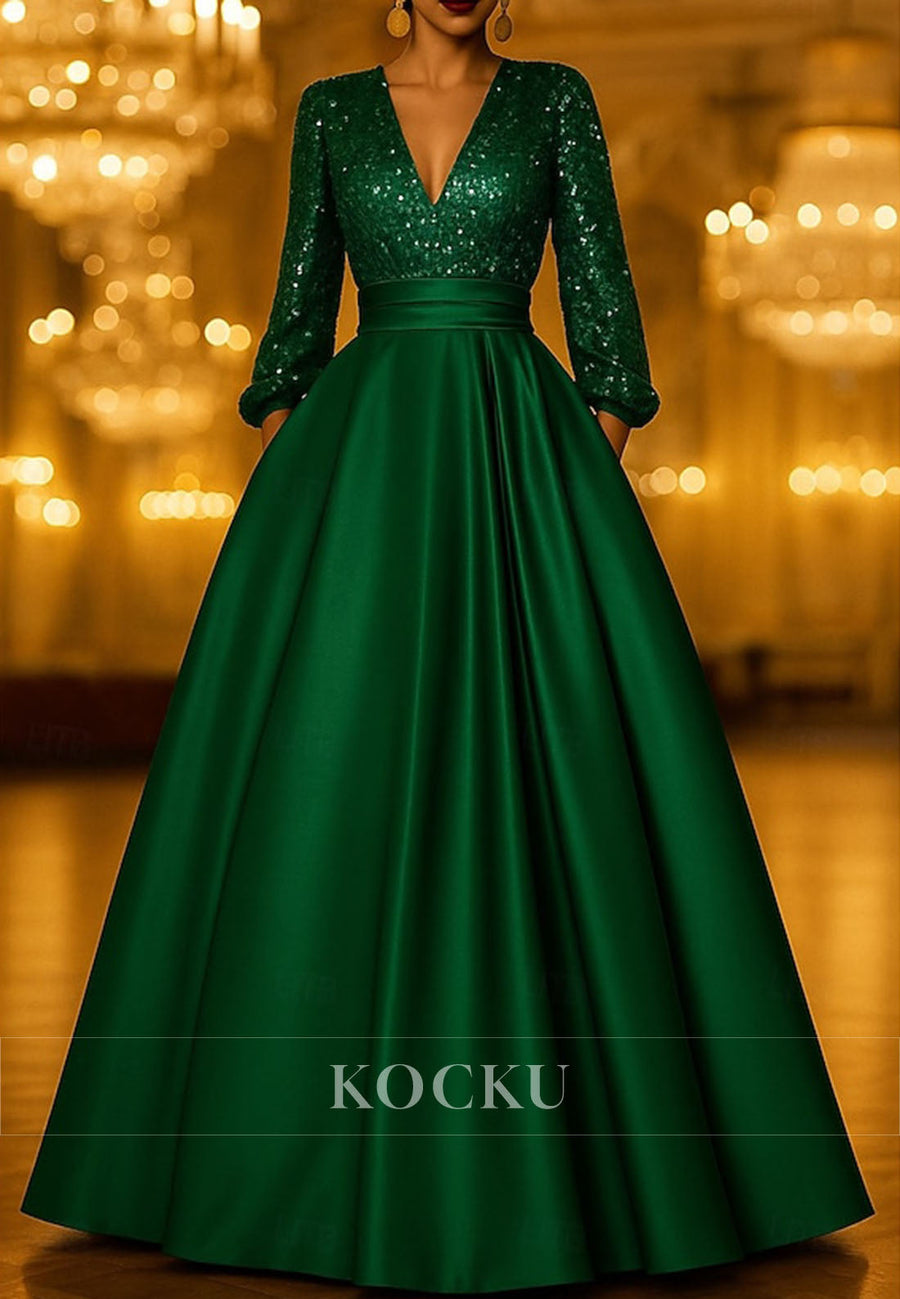 A-Line Floor Length Evening Gown Long Sleeve V Neck Pocket Satin Sequined Mother of the Bride Dress