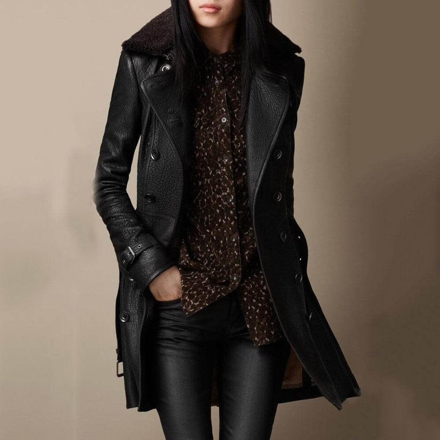 Freja | Women's 3/4 Double Breasted Shearling Collar Leather Jacket