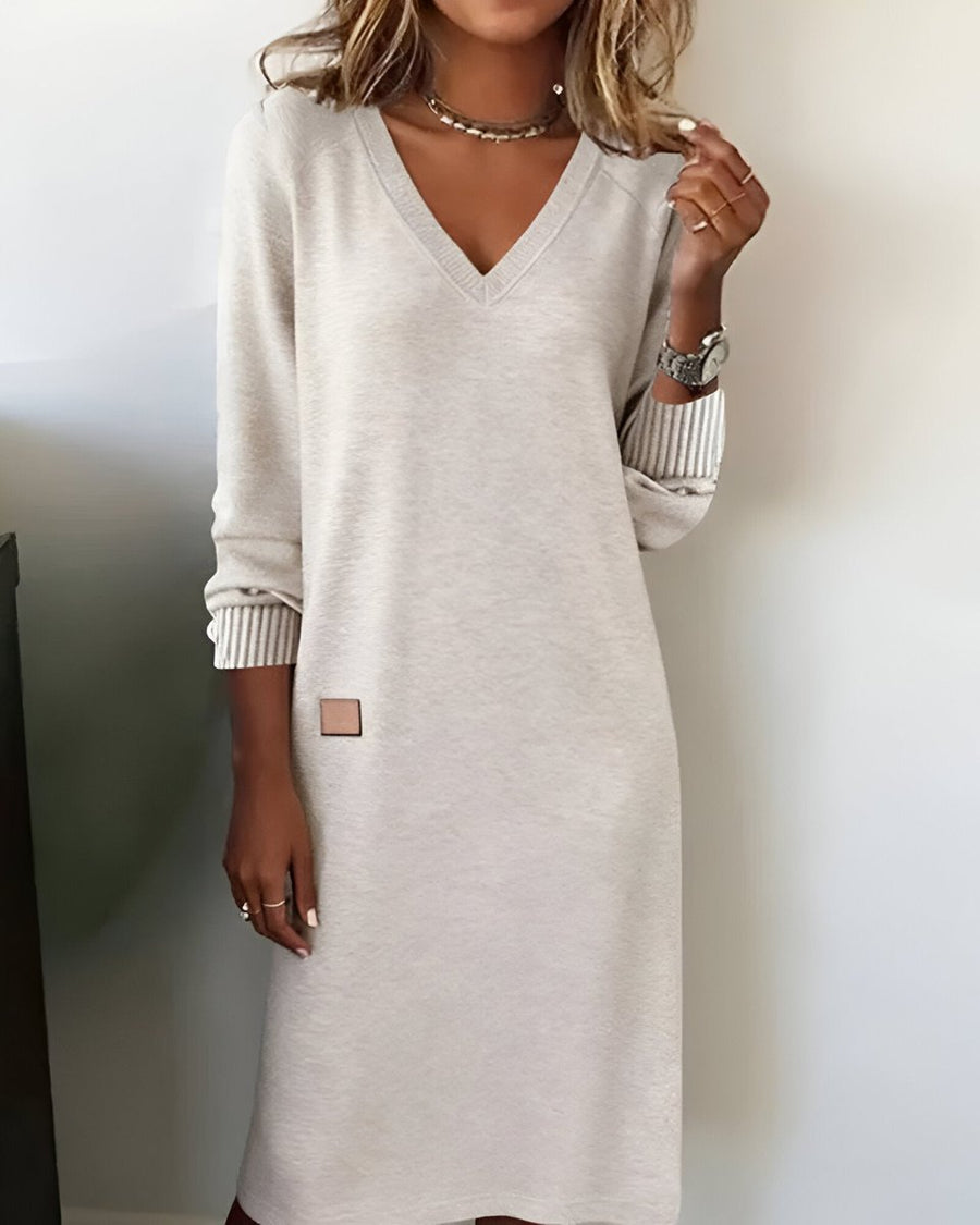 Lea | Women's Long Sleeve V-Neck Casual Elegant Midi Party Dress