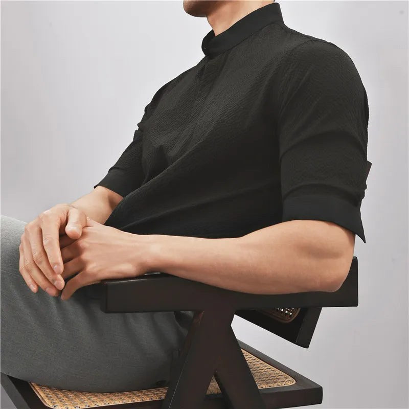 Kyoto Woven Band Collar Shirt in Charcoal