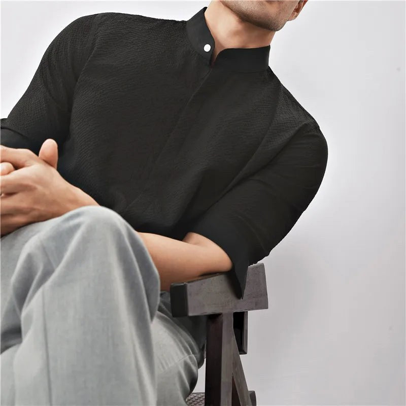 Kyoto Woven Band Collar Shirt in Charcoal