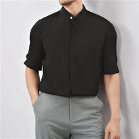 Kyoto Woven Band Collar Shirt in Charcoal