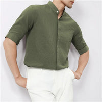 Kyoto Woven Band Collar Shirt in Forest Green