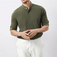 Kyoto Woven Band Collar Shirt in Forest Green