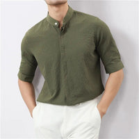 Kyoto Woven Band Collar Shirt in Forest Green