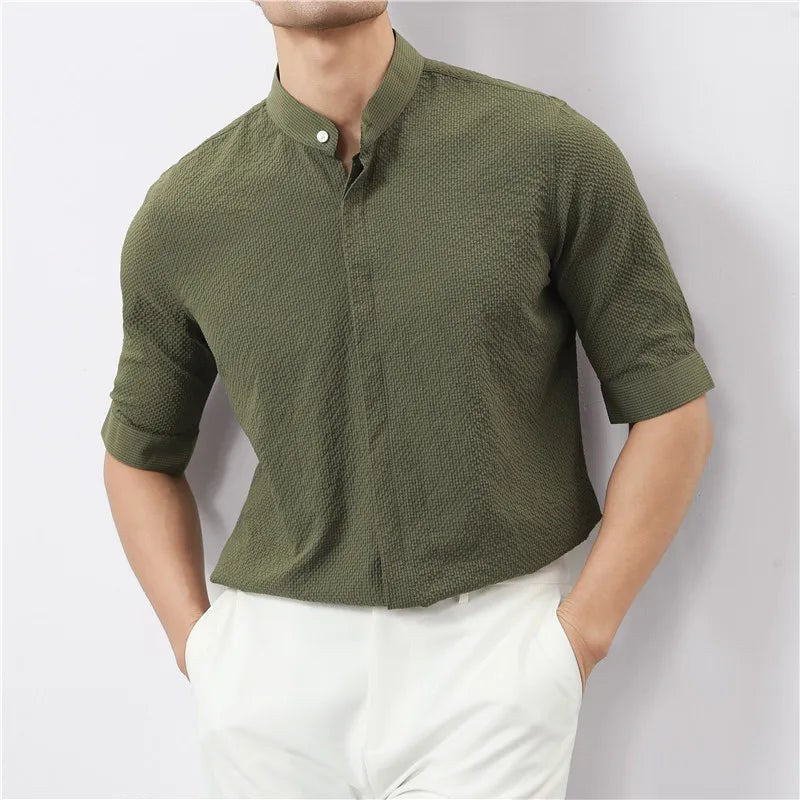 Kyoto Woven Band Collar Shirt in Forest Green