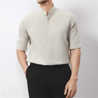 Kyoto Woven Band Collar Shirt in Khaki