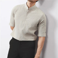 Kyoto Woven Band Collar Shirt in Khaki