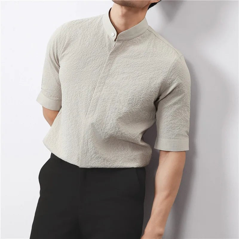 Kyoto Woven Band Collar Shirt in Khaki