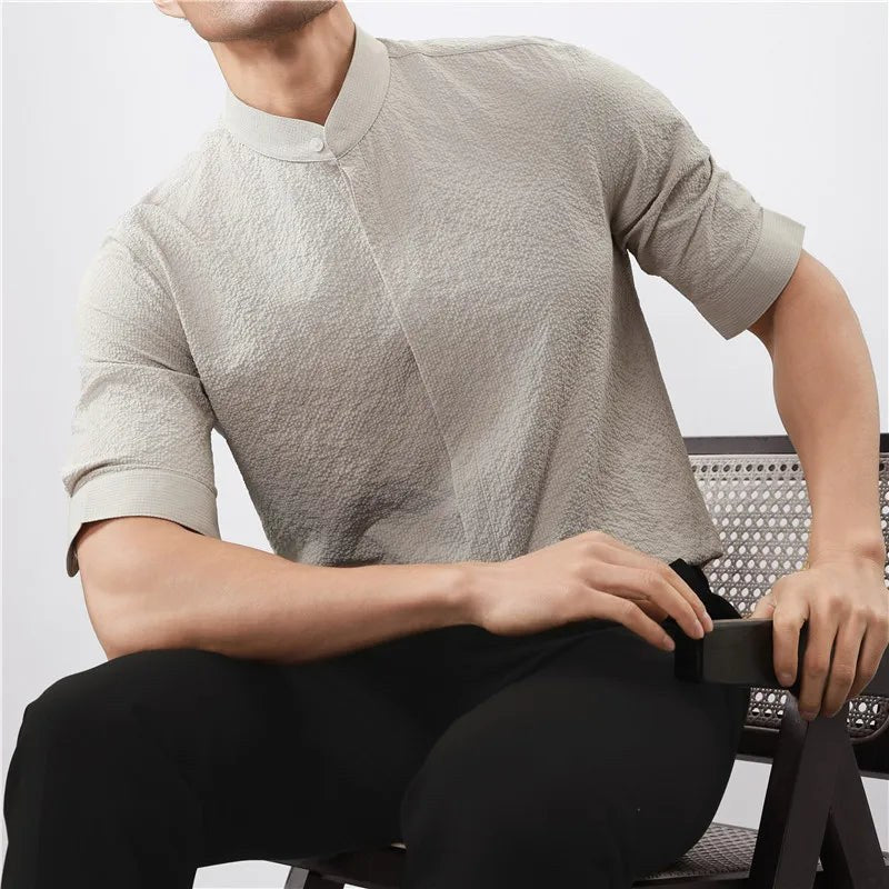 Kyoto Woven Band Collar Shirt in Khaki