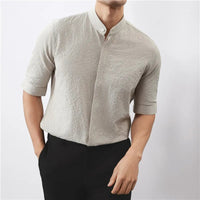 Kyoto Woven Band Collar Shirt in Khaki