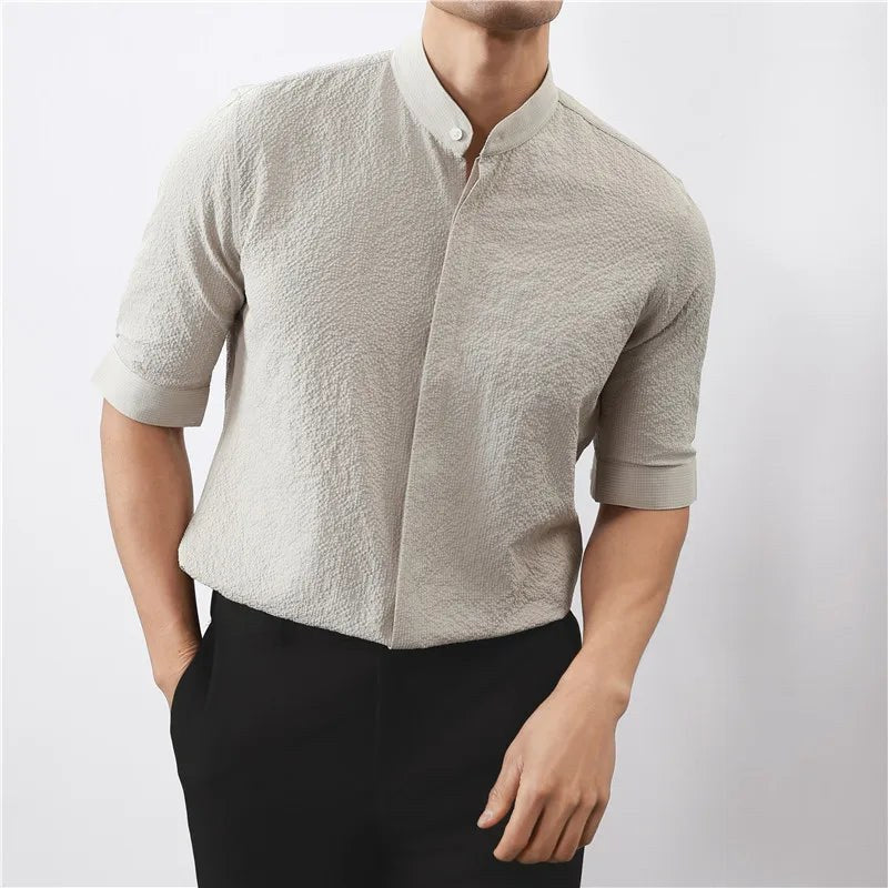 Kyoto Woven Band Collar Shirt in Khaki