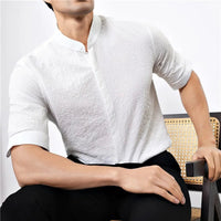 Kyoto Woven Band Collar Shirt in Pearl