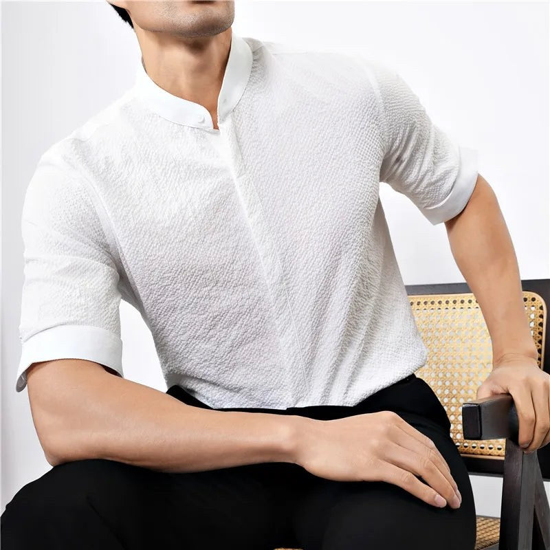 Kyoto Woven Band Collar Shirt in Pearl