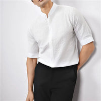 Kyoto Woven Band Collar Shirt in Pearl