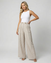 Lacey Elegant Linen Trousers in Dark Khaki