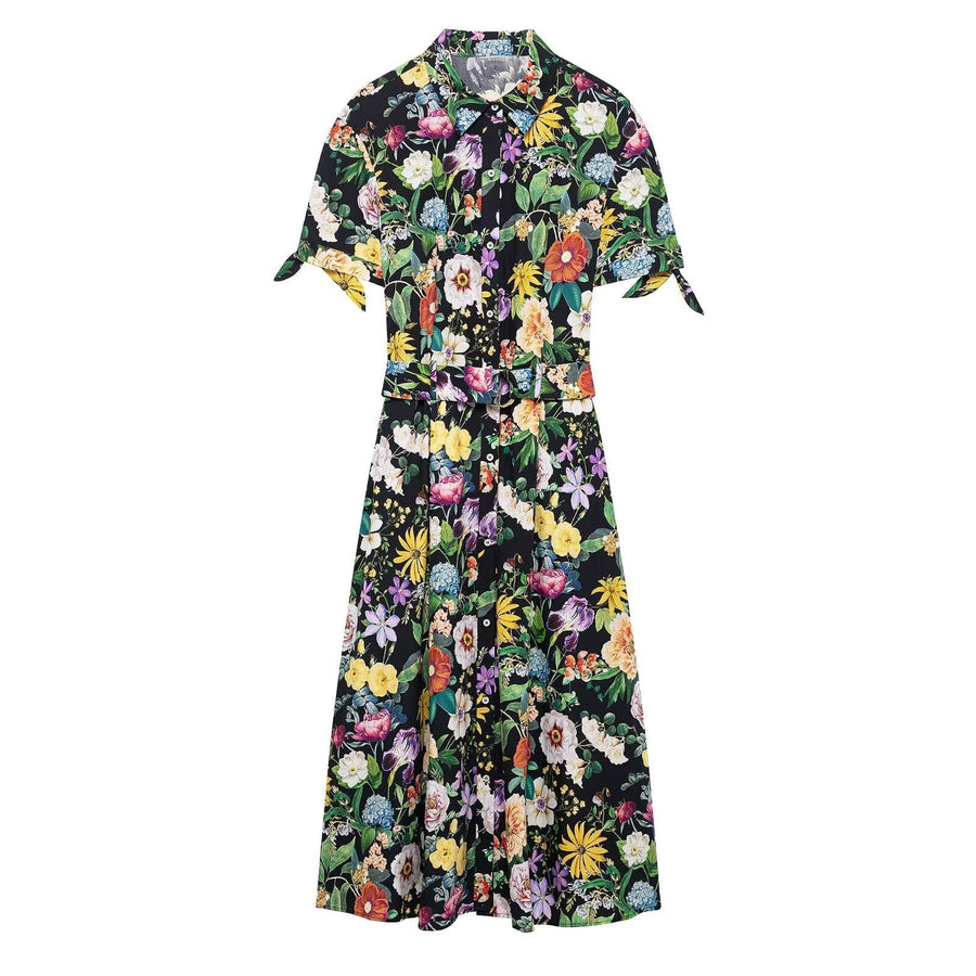 Lacey Elegant Midi Dress with Belted in Multicolour