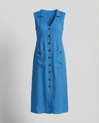 Lael Linen Midi Dress with Button Front and Side Pockets in Blue