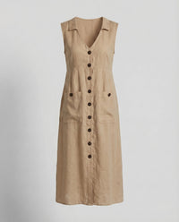Lael Linen Midi Dress with Button Front and Side Pockets in Khaki