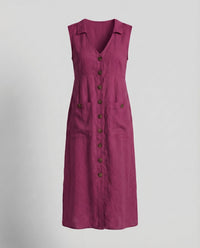 Lael Linen Midi Dress with Button Front and Side Pockets in Magenta