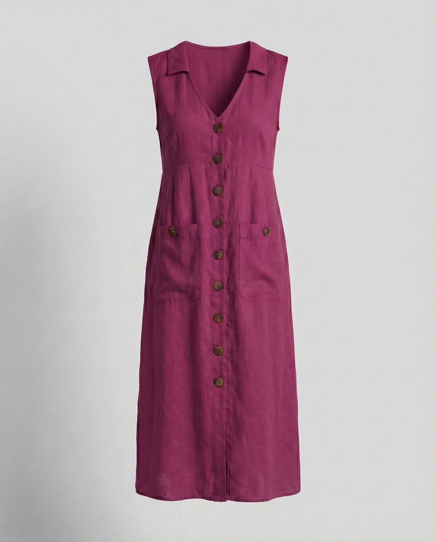 Lael Linen Midi Dress with Button Front and Side Pockets in Magenta