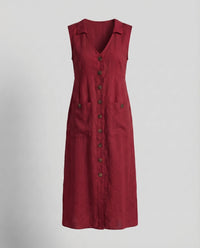 Lael Linen Midi Dress with Button Front and Side Pockets in Red