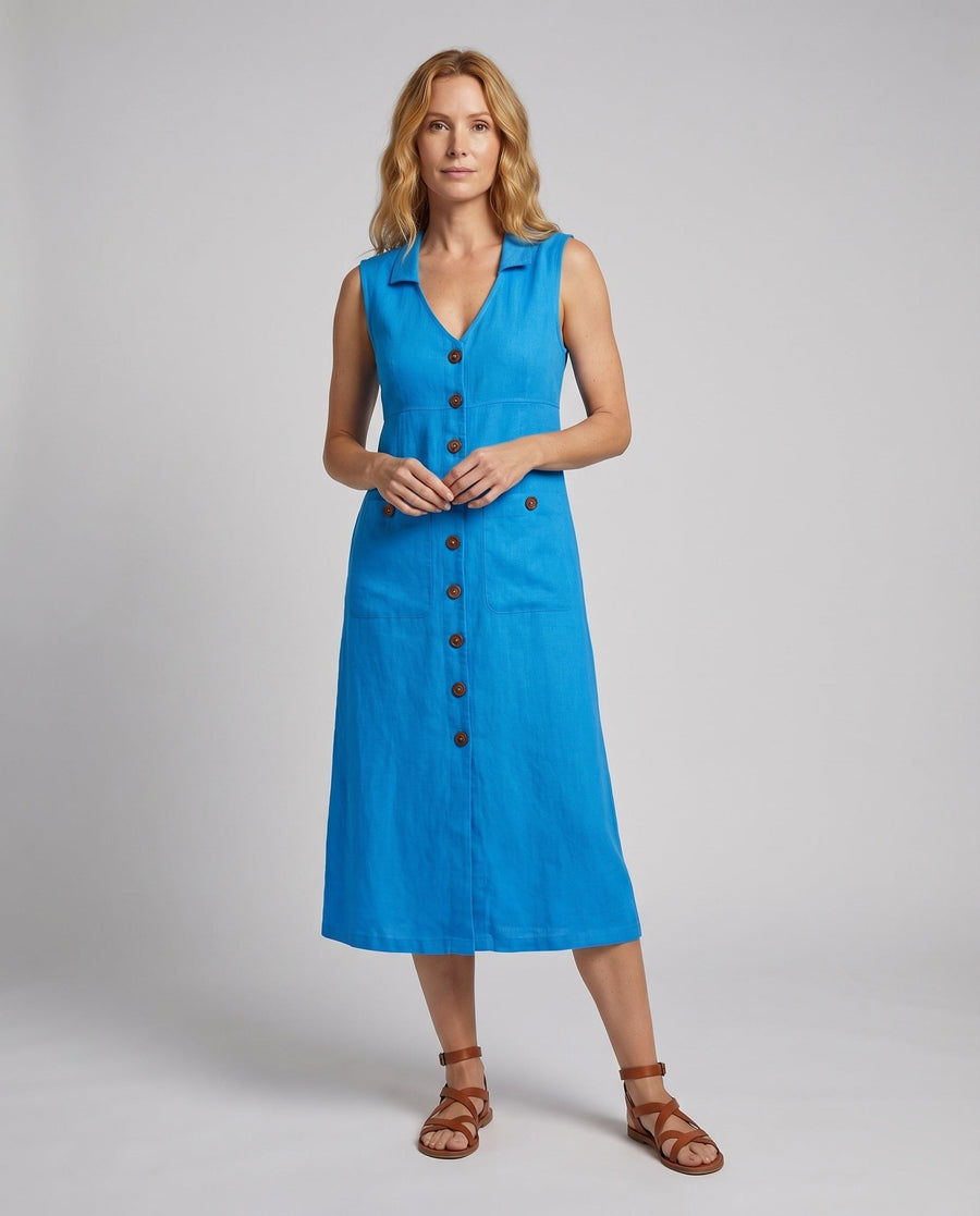 Lael Linen Midi Dress with Button Front and Side Pockets