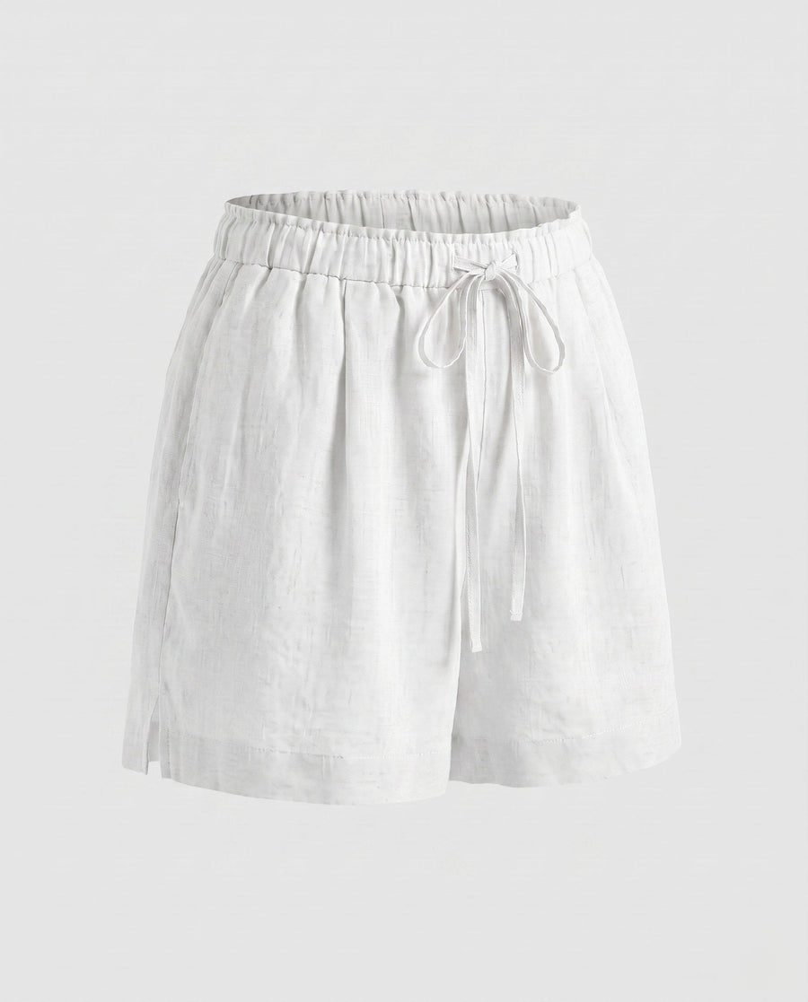 Laila Casual Linen Shorts with Elastic Waist and Pockets in White