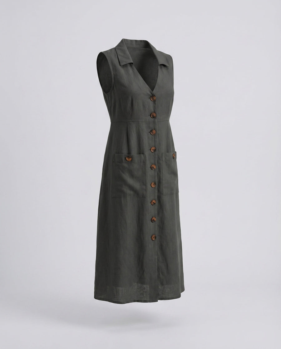 Laila Shirt Dress with V-Neck and Pockets in Black