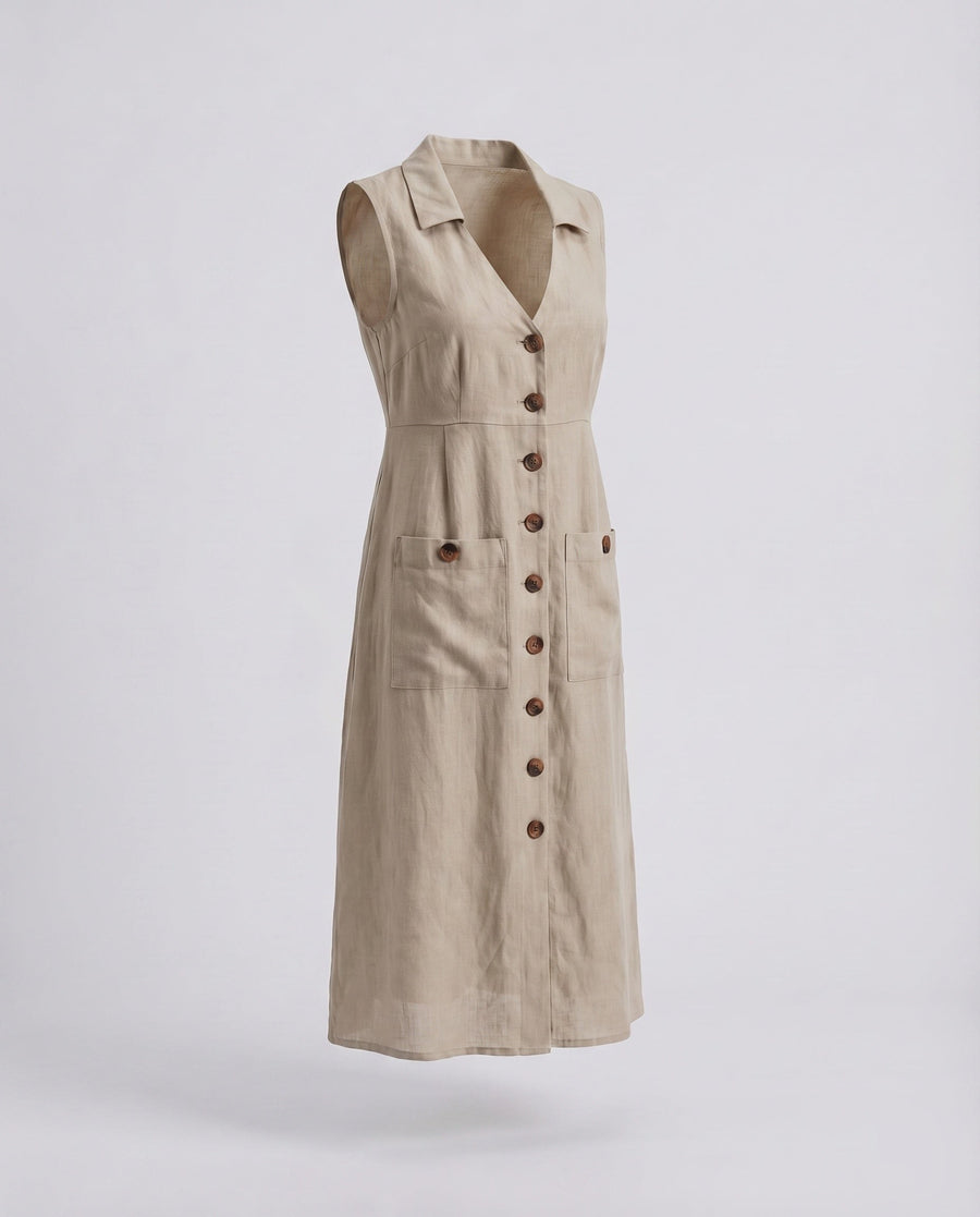 Laila Shirt Dress with V-Neck and Pockets in Khaki