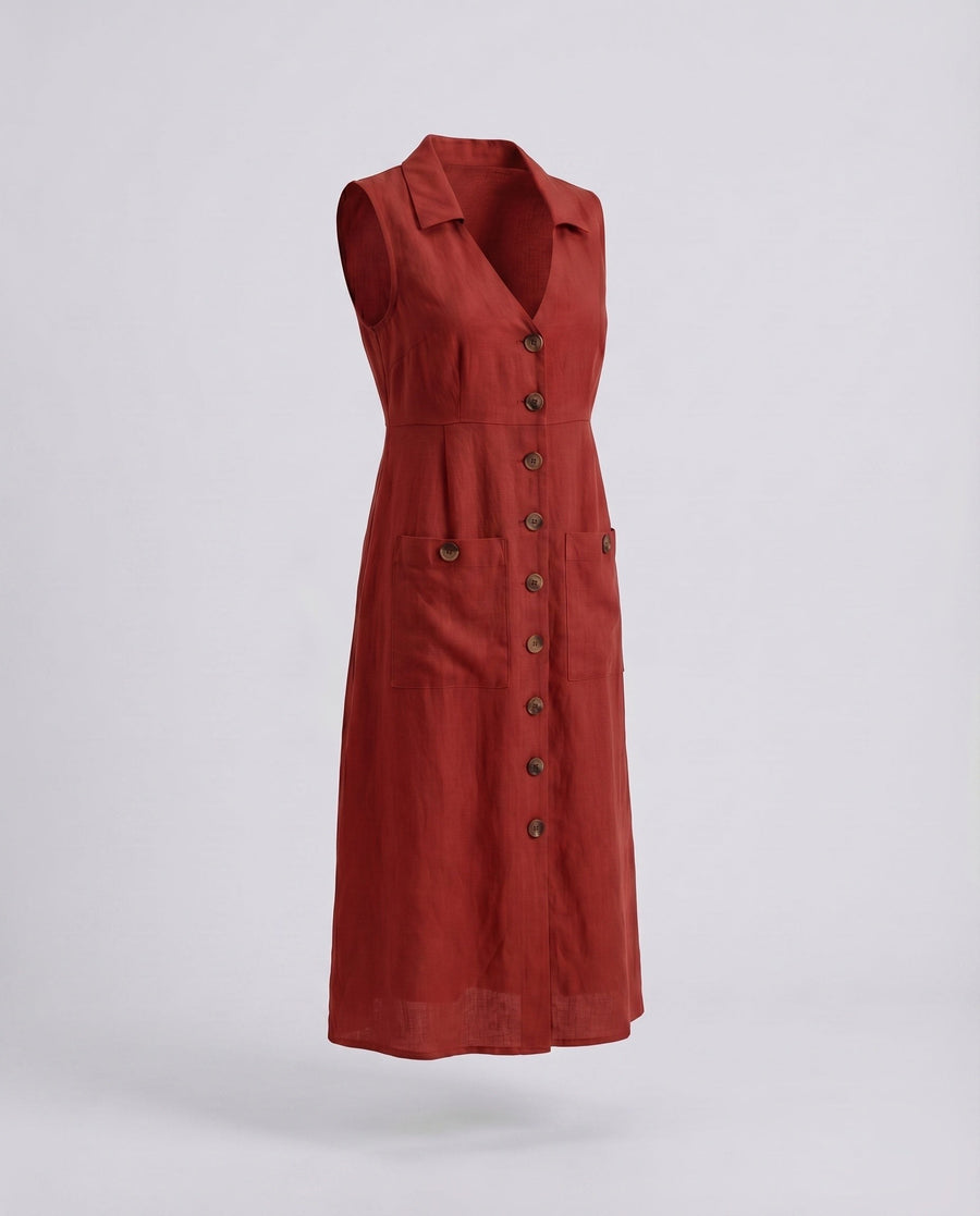 Laila Shirt Dress with V-Neck and Pockets in Red