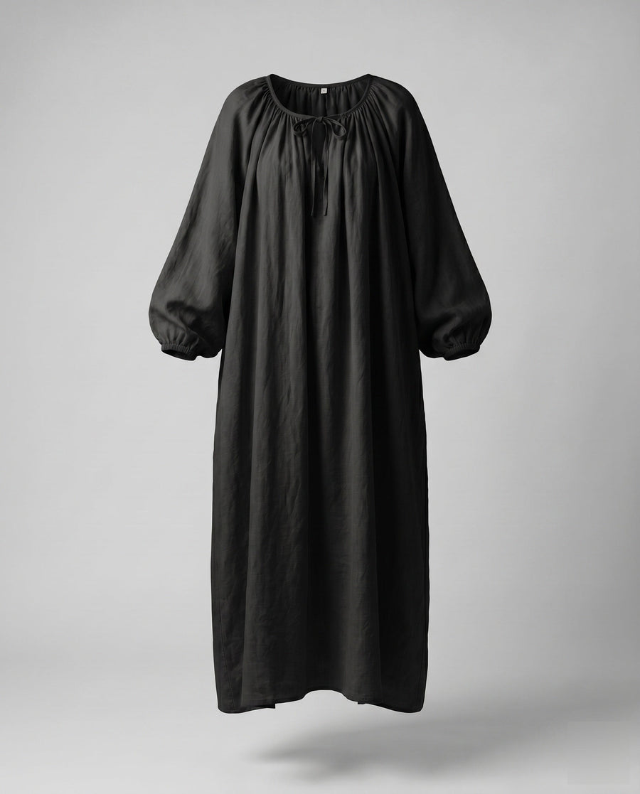 Lana Elegant Linen Maxi Dress with Ruffles in Black