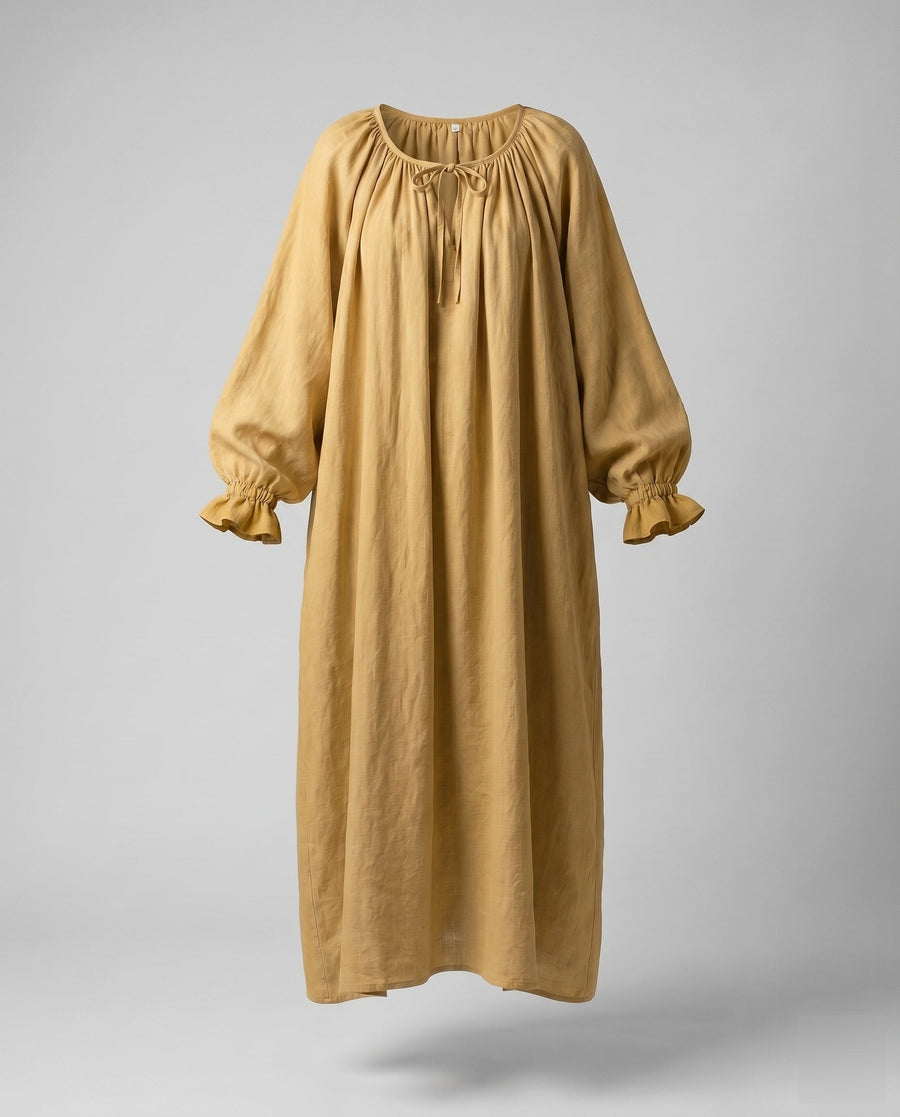 Lana Elegant Linen Maxi Dress with Ruffles in Brown