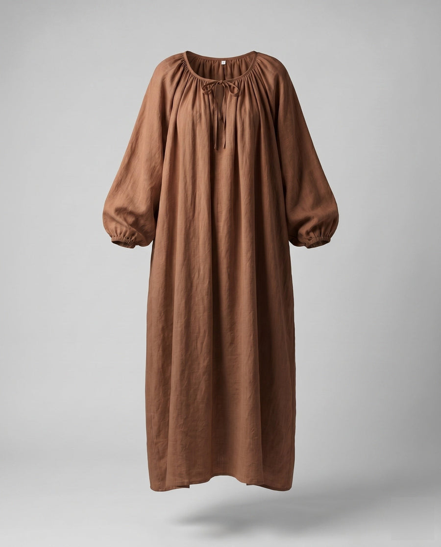 Lana Elegant Linen Maxi Dress with Ruffles in Karamell