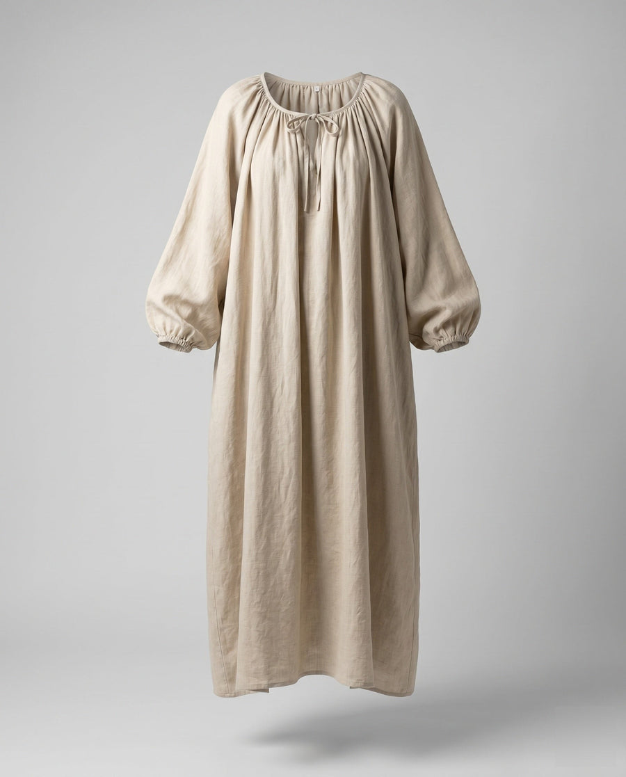 Lana Elegant Linen Maxi Dress with Ruffles in Khaki