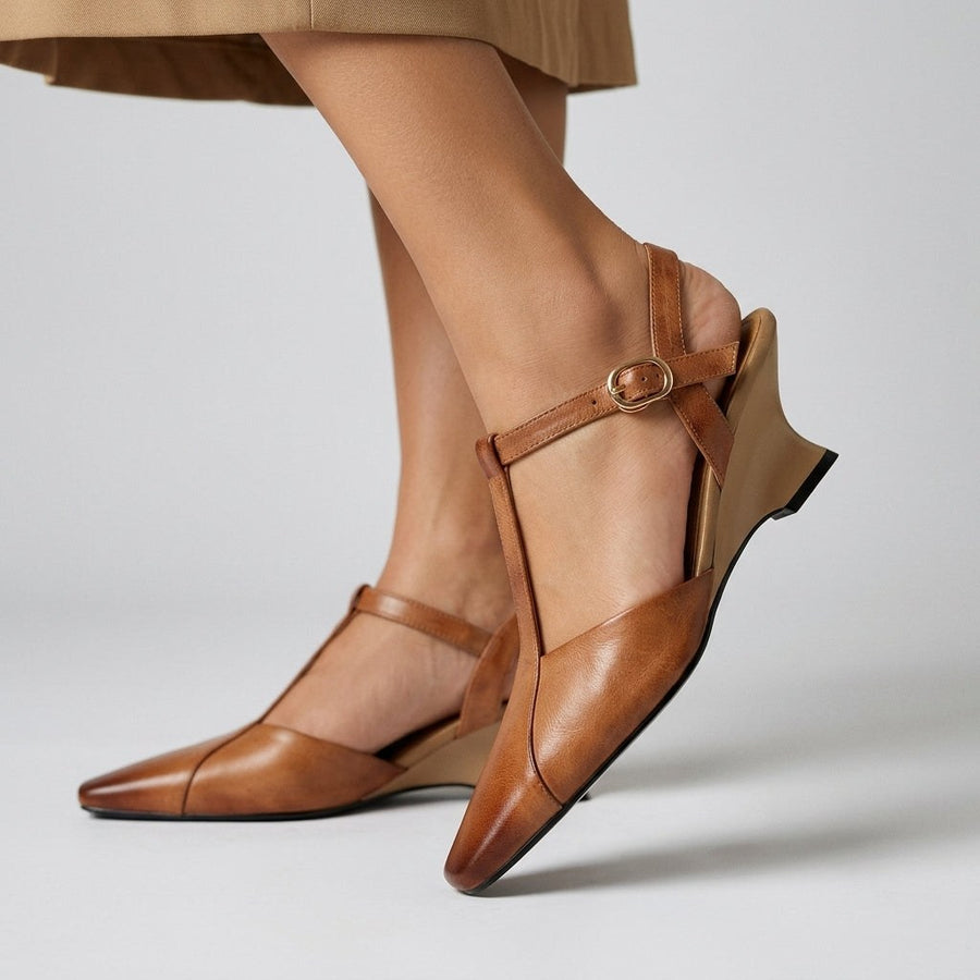 Lana T-Strap Wedge Pump in Sienna Brown