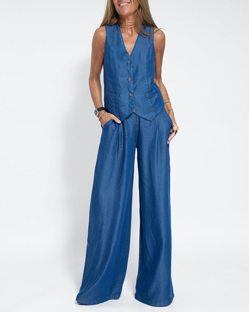 Lara Elegant Linen Vest in Blue