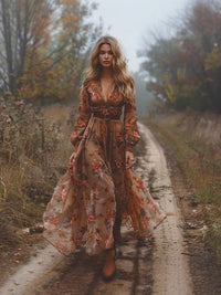 Larissa Boho Maxi Dress with V-Neck in Brown
