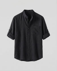 Lars Linen Shirt with Stand Collar in Black