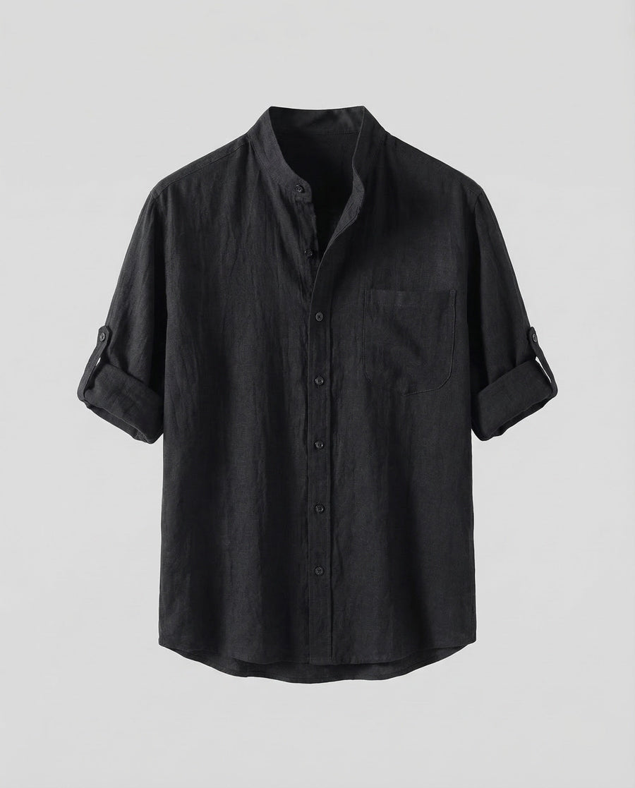 Lars Linen Shirt with Stand Collar in Black