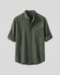 Lars Linen Shirt with Stand Collar in Green