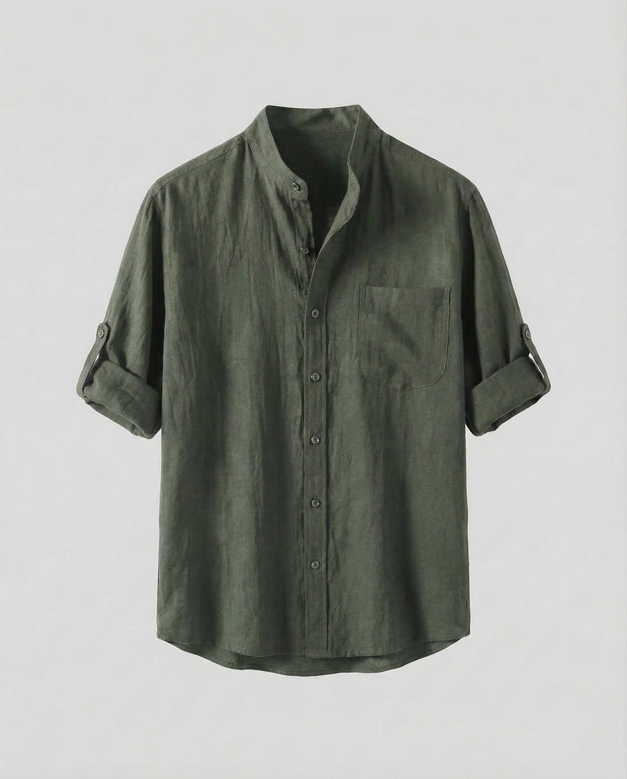 Lars Linen Shirt with Stand Collar in Green