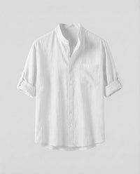 Lars Linen Shirt with Stand Collar in White