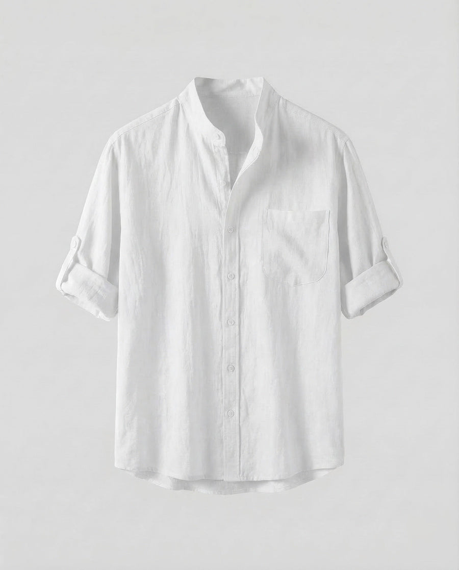 Lars Linen Shirt with Stand Collar in White