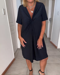 Laurence™ Elegant Ruched Dress with V-Neck in Black