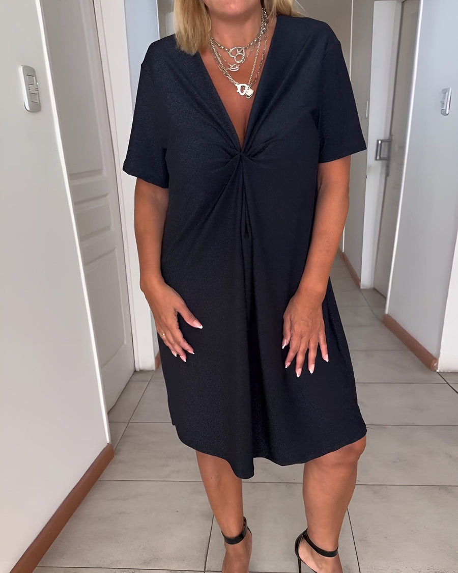 Laurence™ Elegant Ruched Dress with V-Neck in Black