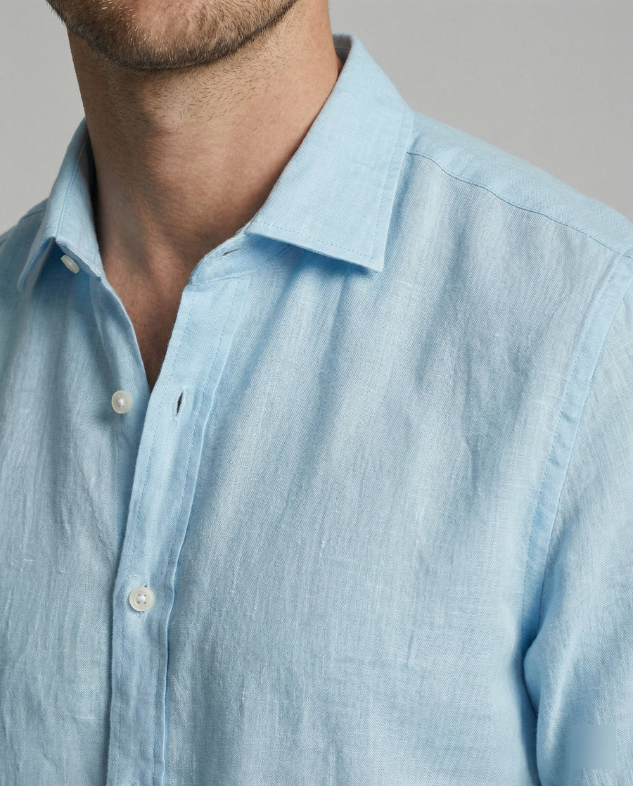 Laurens Linen Shirt with Stand Collar and Long Sleeve in Olive Green